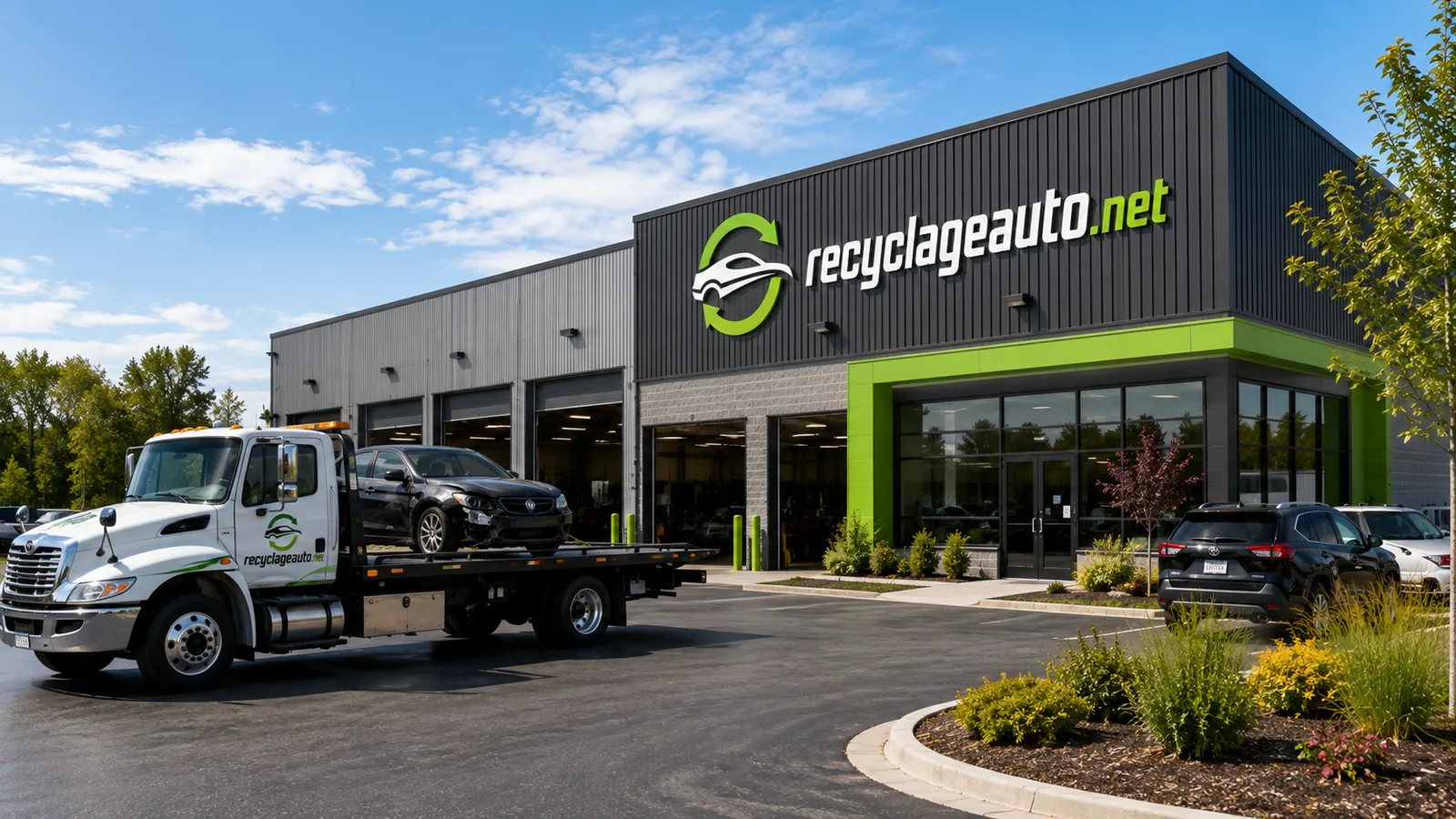 Centre de recyclage automobile avec dépanneuse à l'avant