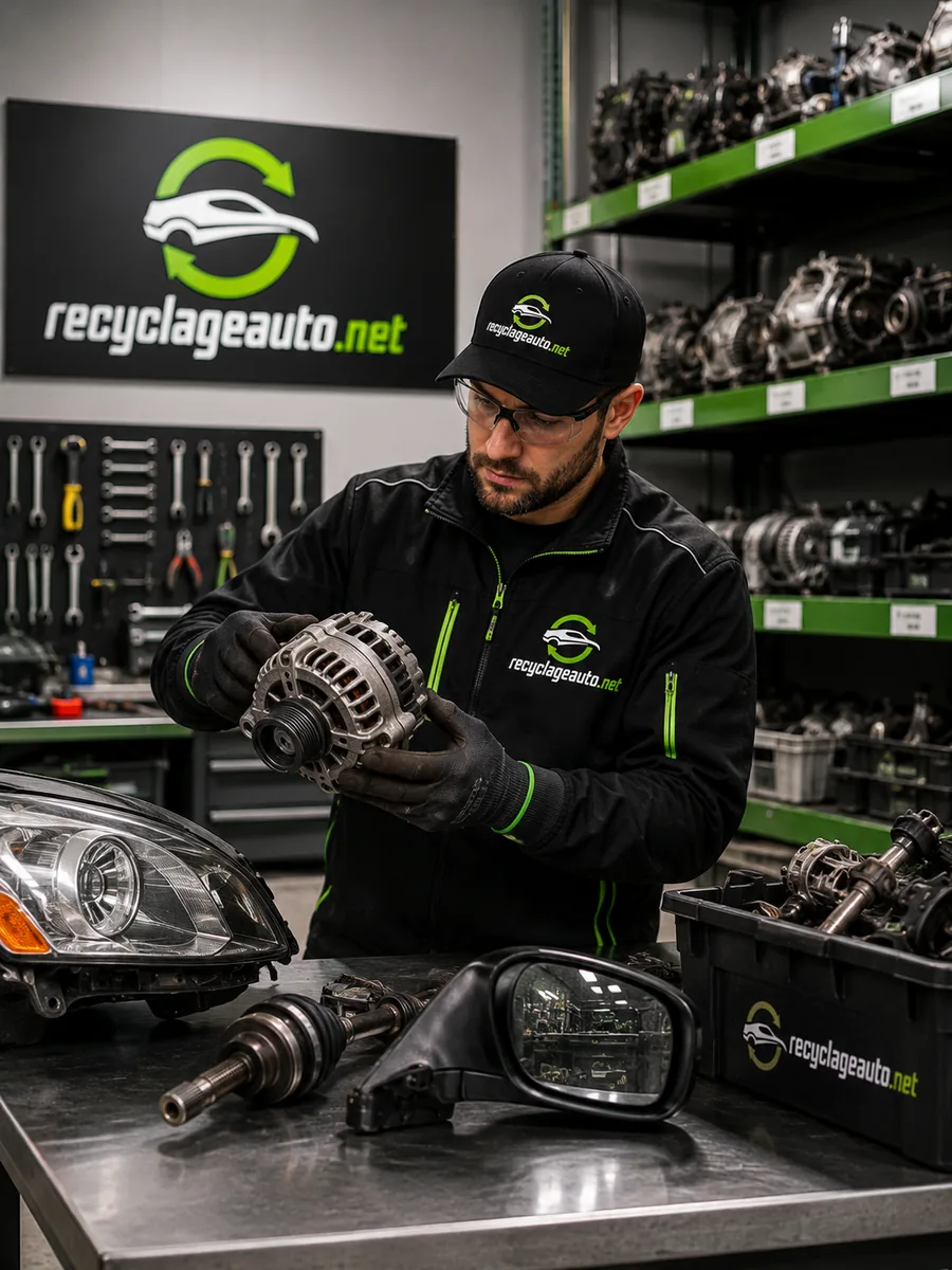 Vérification d'une pièce d'auto recyclée en atelier